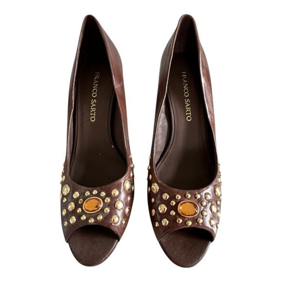 Franco Sarto Fanatic Heels Brown Studded Leather Peep Toe Stacked Heel Size 10M - Picture 8 of 14